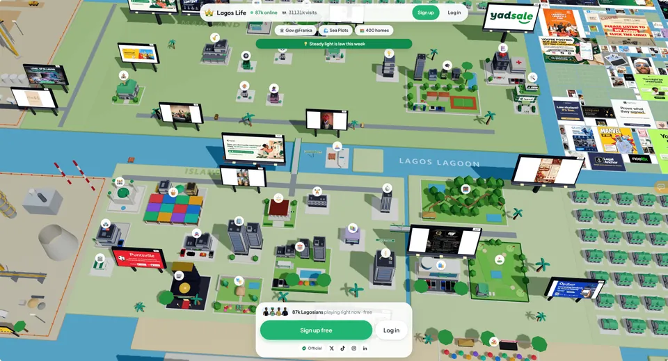 Lagos Life game map showing the Lagos Lagoon, city blocks, billboards, homes and the Sign up button